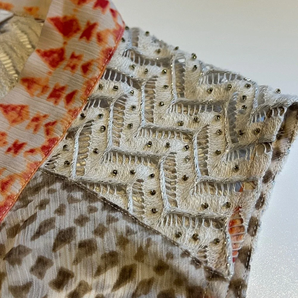 Chico's Size 1 Sheer‎ Kimono Orange Tan Tribal Beaded Crochet Lace Boho Topper